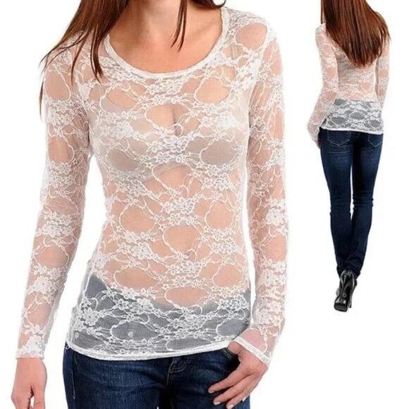Round Neck Long Sleeve Lace Sheer Top - Picture 1 of 7